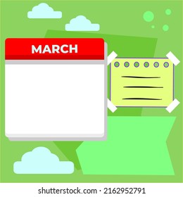 Blank March Single Calendar Template And Blank Sticky Notes. Templates Suitable For Social Media Content.