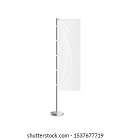 Blank Marketing Or Advertising Flag Standing Banner From Textile 3d Realistic Mockup Vector Illustration Isolated On A White Background. Fabric Outdoor Promo Stand Template.