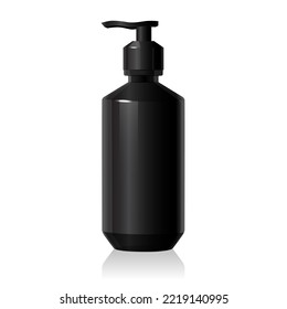 Blank matt black plastic bottle mockup with pump isolated on white background. Realistic shampoo or soap dispenser. 3d vector healthcare mockup template. Luxury cosmetic liquid soap