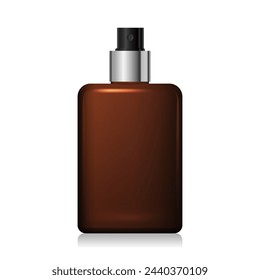 Blank matt brown glass bottle mockup with silver spray isolated on white background. Square shape dark amber glass package. Realistic spray dispenser. 3d vector cosmetic package mockup template.