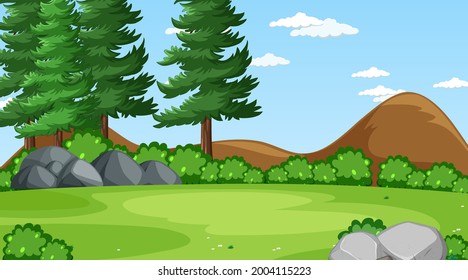 Pradera en blanco en la escena diurna con varios árboles forestales ilustración