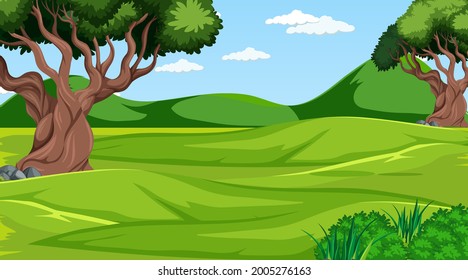 Blank meadow at daytime scene with various forest trees  illustration