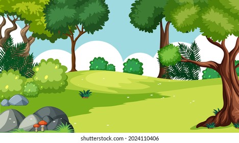 Pradera en blanco en la escena diurna con varias ilustraciones de plantas forestales