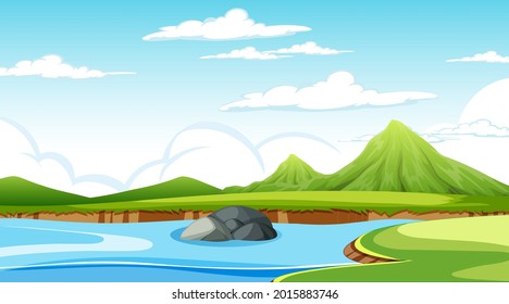 Paisaje pradera en blanco en la escena diurna con ilustración del río