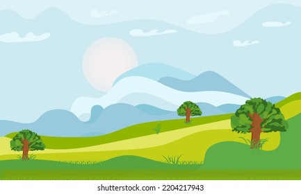 Blank meadow landscape green scene at sunset time, wild nature background, landscape wallpaper illustration