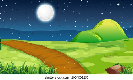 Blank meadow landscape scene at night time illustration