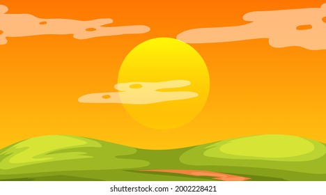 Blank meadow landscape scene with the sun is going down illustration