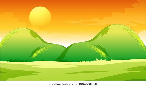 Blank meadow landscape scene at sunset time illustration