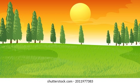 Blank meadow landscape scene at sunset time illustration