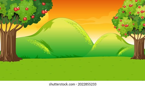 Blank meadow landscape scene at sunset time illustration