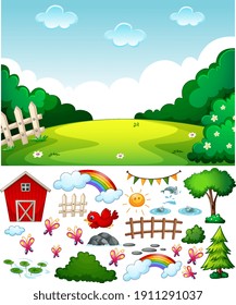 Blank Meadow Scene With Isolated Cartoon Character And Objects Illustration