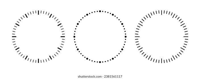 Blank mechanical clock face divided into seconds and minutes. Round meter scale. Watch dial. Timer template. Simple clock face. Vector illustration on white background.