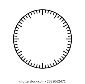 La cara de reloj mecánico en blanco se divide en segundos y minutos. Escala de metro redondo. Marcado de observación. Plantilla de temporizador. Simple cara de reloj. Ilustración vectorial sobre fondo blanco.