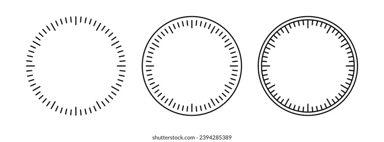 Blank mechanical clock face divided into seconds and minutes. Round meter scale. Watch dial. Timer template. Simple clock face. Vector illustration on white background.