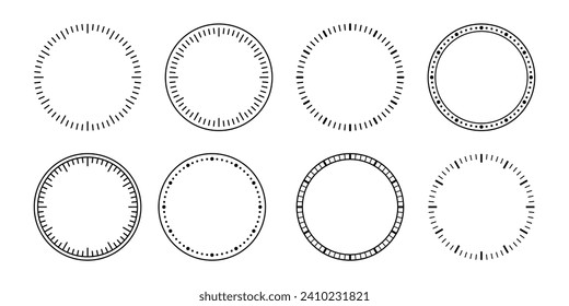 Blank mechanical clock face divided into seconds and minutes. Round meter scale. Watch dial. Timer template. Simple clock face. Vector illustration on white background.