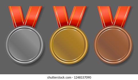Blank medals set. Gold, silver and bronze flat award medals with red ribbons.  Blank of coins. Vector illustration.