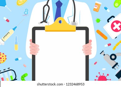 Blank medic banner concept flat style design poster. Male man doctor employee on it holding clipboard and arounded with hospital equipment and medicines. Medical awareness flu, polio influenza banner.