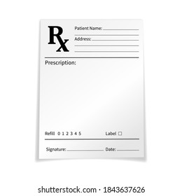 Blank Medical Prescription Form Isolated On White Background. Realistic Vector Illustration Of Rx Pad Template. Empty Mockup For Treatment And Drug List