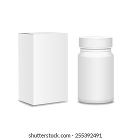 Blank medicine bottle and cardboard packaging, vitamins, examples and templates on white background