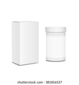 Blank medicine bottle. Package of drugs with package box for pills