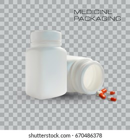 Blank medicine bottle and pills isolated on transparent background. Vector Illustration. Template for business