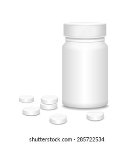 Blank medicine bottle with pills vector isolated  illustration. 