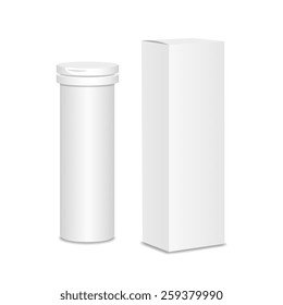 Blank medicine bottle vector illustration.  Package of drugs with package box