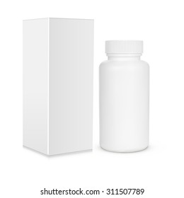 Blank medicine bottle vector illustration. Package of drugs with package, box