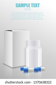 Blank medicine medical packaging package paper box with plastic bottle and pills
