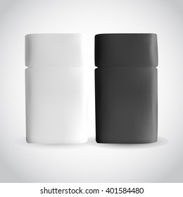 Blank medicine package bottle isolated on white. White and Black Medical Container.. Packaging Design. 
