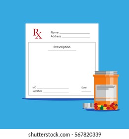Blank Medicine Prescription Form with Pill bottle standing near It.Rx form. Healthcare, hospital and medical diagnostics concept.