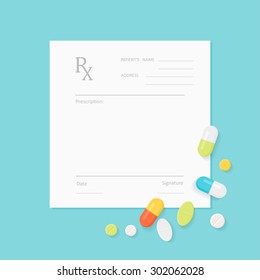 Blank Medicine Prescription Form with Pills Scattered on It. Vector EPS 10