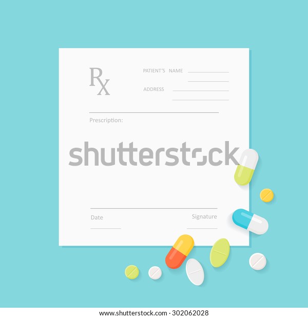 Blank Medicine Prescription Form with Pills Scattered
on It. Vector EPS 10