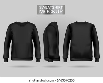 Blank men's black sweatshirt in front, back and side views. Vector illustration. Realistic male clothes for sport and urban style
