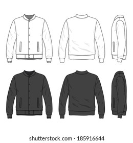 Blank men's bomber jacket with buttons in front, back and side views. Isolated on white.