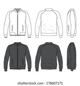 Blank men's bomber jacket with zipper in front, back and side views. Vector illustration. Isolated on white.