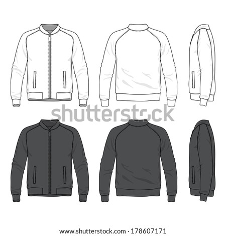 Blank men's bomber jacket with zipper in front, back and side views. Vector illustration. Isolated on white.