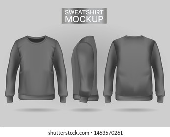 Blank men's gray sweatshirt in front, back and side views. Vector illustration. Realistic female clothes for sport and urban style
