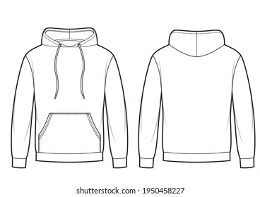 Blank Men's hoodie in front, back views. Kangaroo pocket on front