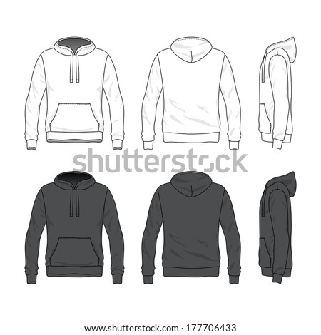 Blank Men's hoodie in front, back and side views. Vector illustration. Isolated on white.