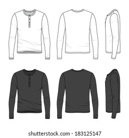 Blank Men's long sleeve top in front, back and side views. Top neck with button placket. Vector illustration. Isolated on white.