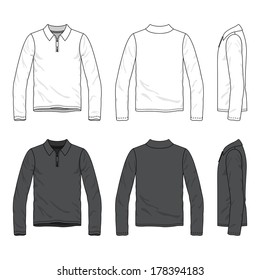 Blank Men's polo tee with zip neck in front, back and side views. Vector illustration. Isolated on white.