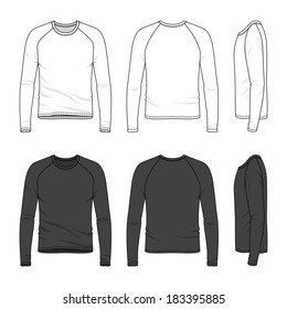 Blank men's raglan sleeve top in front, back and side views. Vector illustration. Isolated on white.