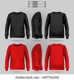 Blank men's red and black sweatshirt in front, back and side views. Vector illustration. Realistic male clothes for sport and urban style