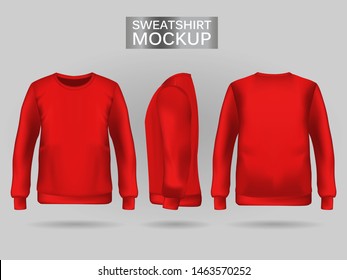 Blank men's red sweatshirt in front, back and side views. Vector illustration. Realistic male clothes for sport and urban style
