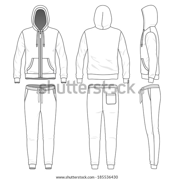 Blank men\'s sweat suit\
in front, back and side views. Vector illustration. Isolated on\
white.