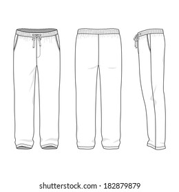 Blank men's sweatpants in front, back and side views. Vector illustration. Isolated on white.
