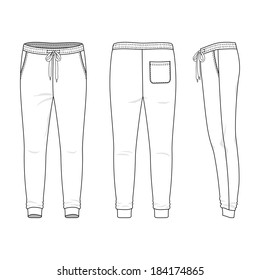 Blank men's sweatpants in front, back and side views. Vector illustration. Isolated on white.