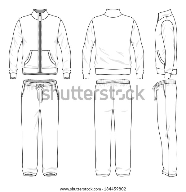 Blank men\'s track suit\
in front, back and side views. Vector illustration. Isolated on\
white.