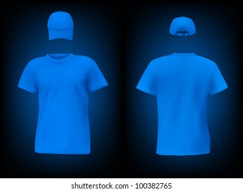 Blank men's t-shirt template with a cap. Front and back view.